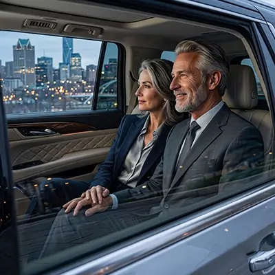 Passenger enjoying premium airport black car service inside a luxury executive GMC Yukon Denali SUV in Edmonton